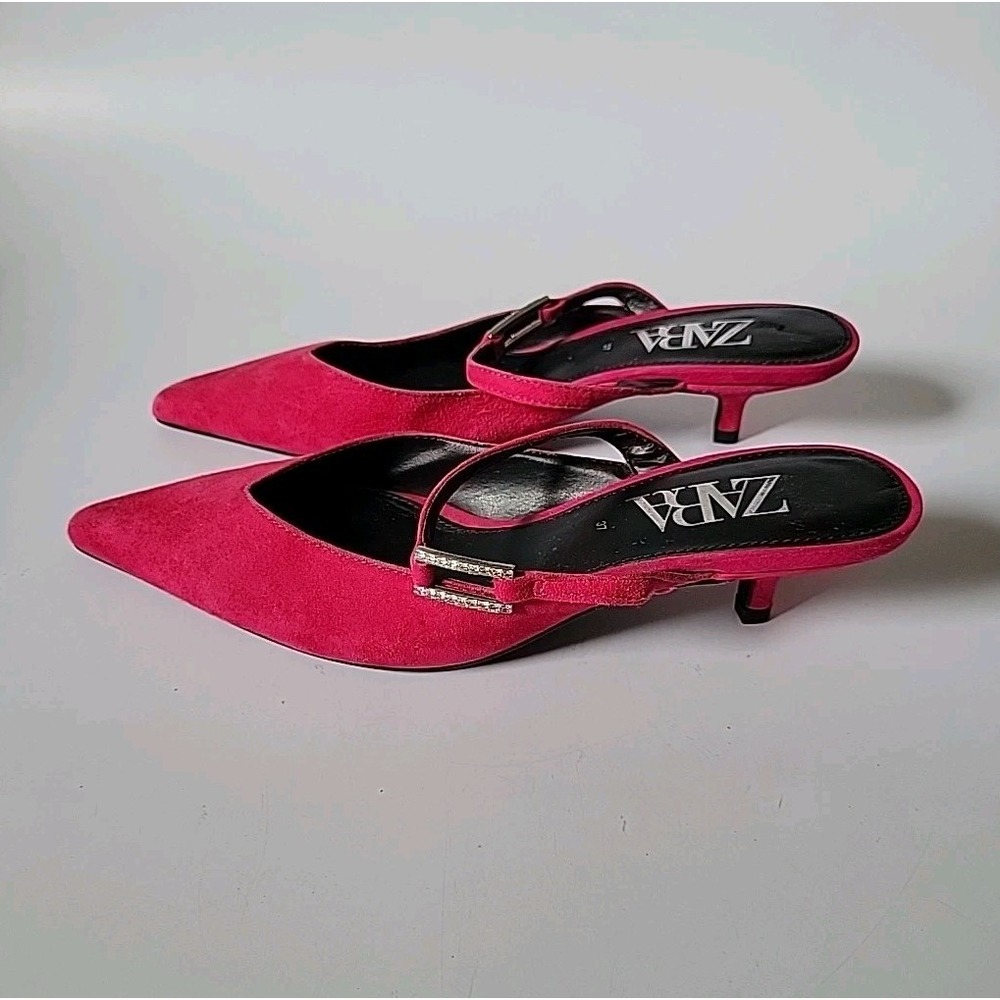 Zara Kitten Heel Point Toe Mules 7 Fuschia Pink Suede Chic Effortless Feminine - Picture 3 of 12